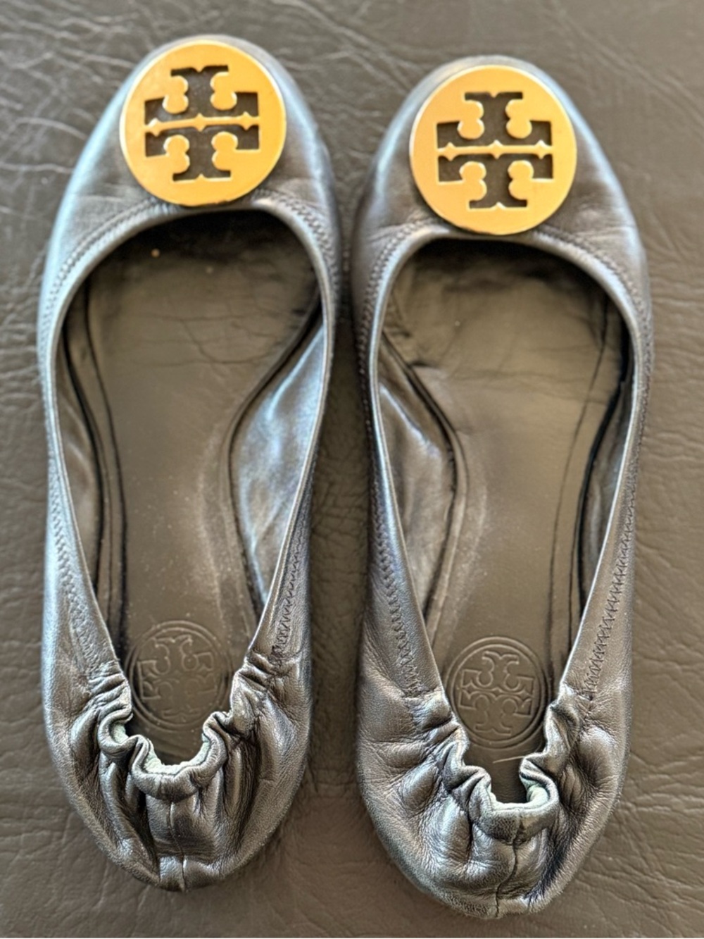 Tory Burch Black Leather Logo Medallion Ballet Flats